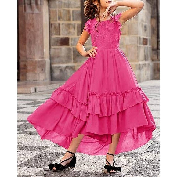 MSRP $46 HOSIKA Girls Rose Red 10-11Y Lace Boho Flower Girl Dress Ruffle Sleev