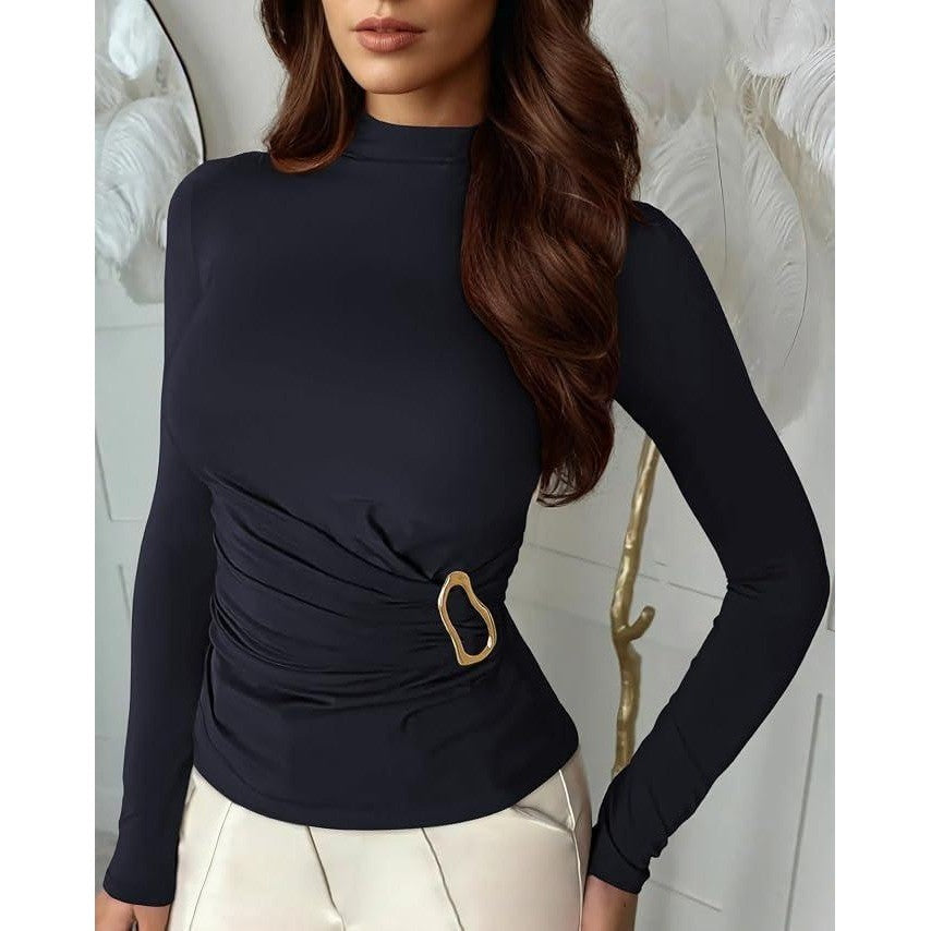 Pink Queen Women's M Long Sleeve Shirt Mock Neck Cinched Waist Fit Top Navy