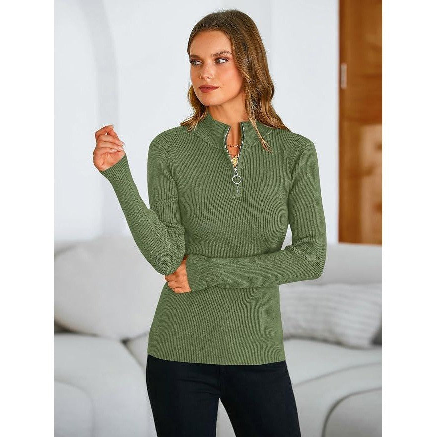 MSRP $35 PRETTYGARDEN Women's S Quarter Zip Mock Neck Rib Fitted Sweater Green