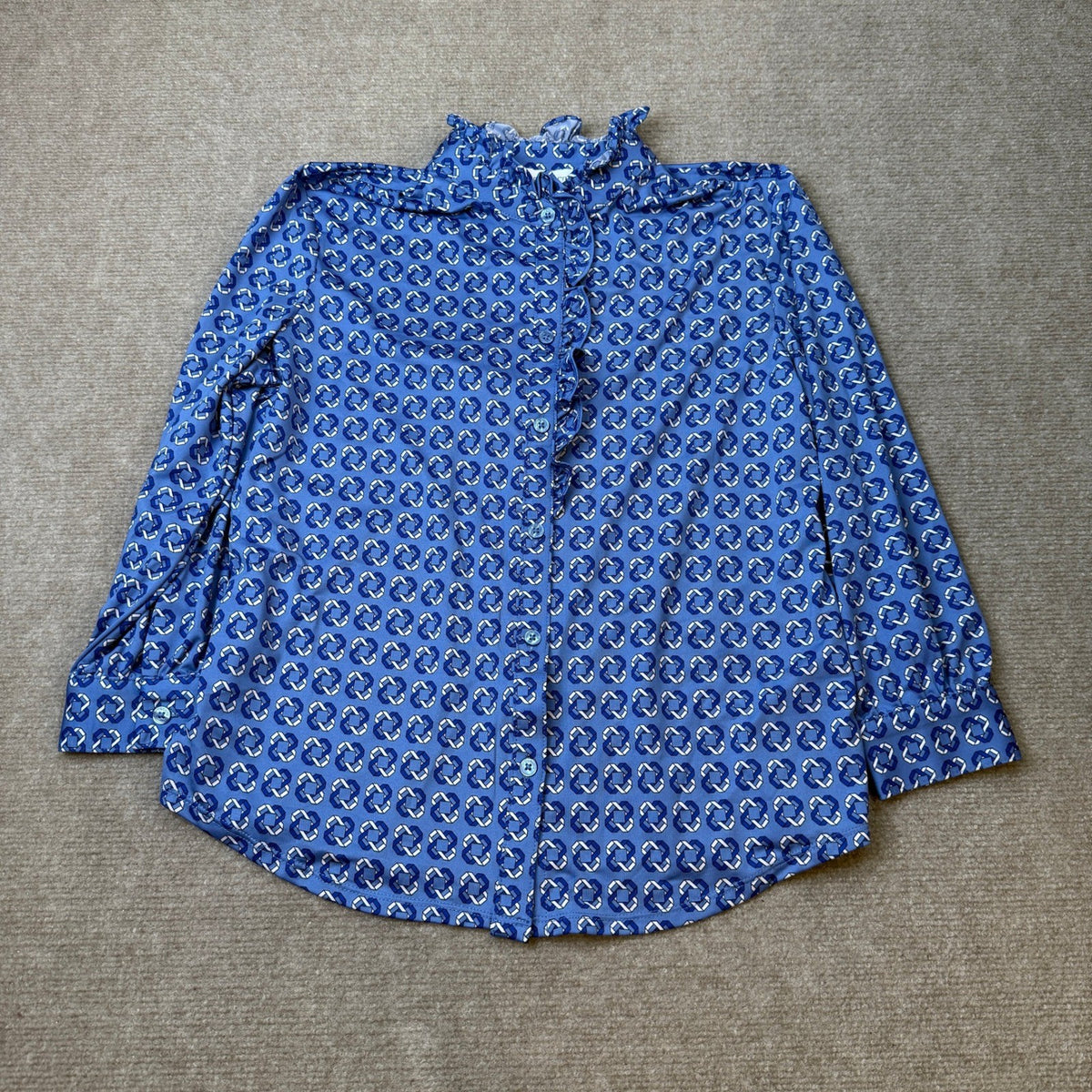 MSRP $48 Liz Claiborne Womens XS Blue Linked Geo 3/4 Sleeve Blouse
