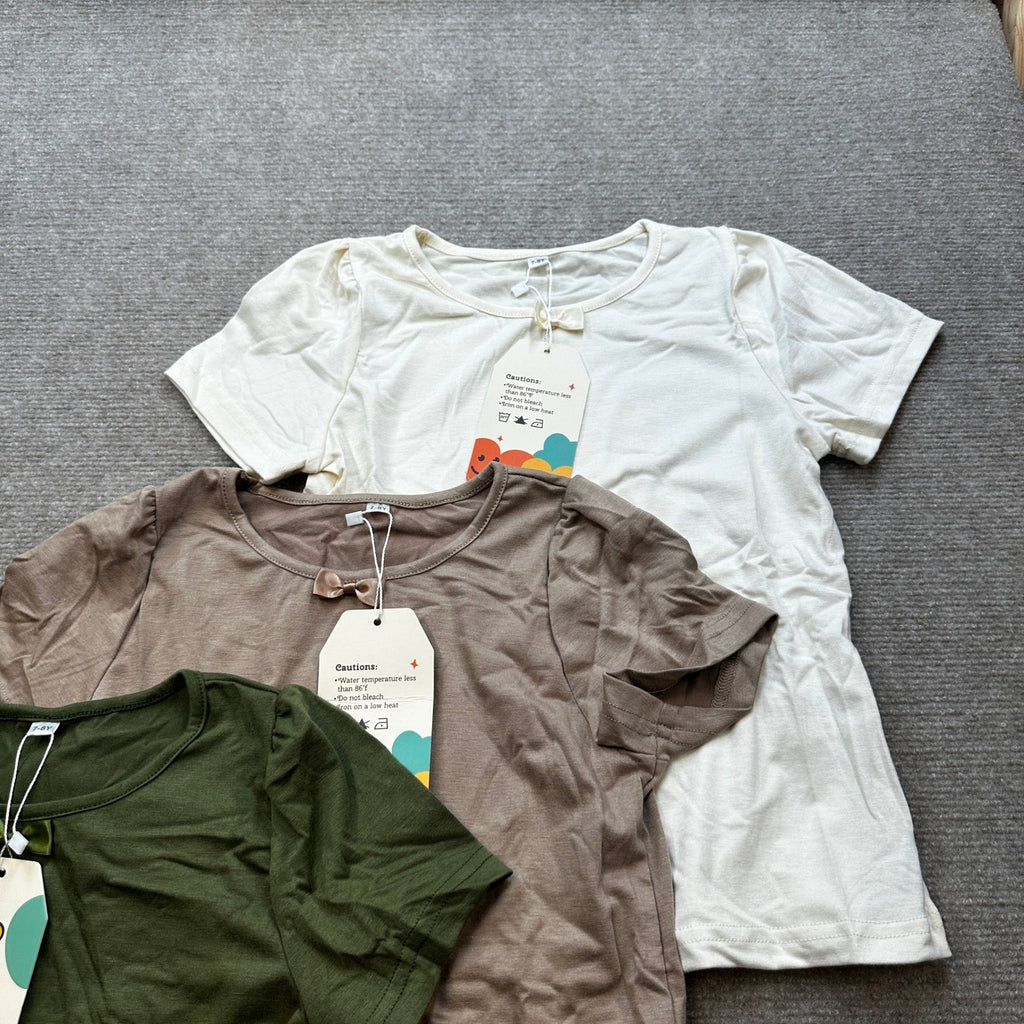 NWT LessonZoo 3 Pack Girls 7-8Y Cream/Khaki/Olive Green Bow Crewneck Tees Short