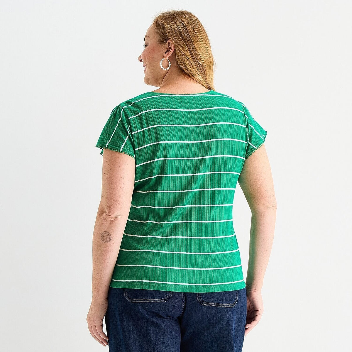 NWT Liz Claiborne Womens 1X Hyper Green Stripe Short Sleeve T-Shirt Round Neck