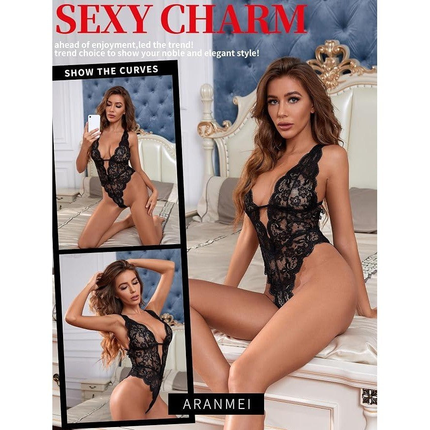 Aranmei Women's S Sexy Lingerie Hollow Out Floral Lace Bodysuit One Piece Deep