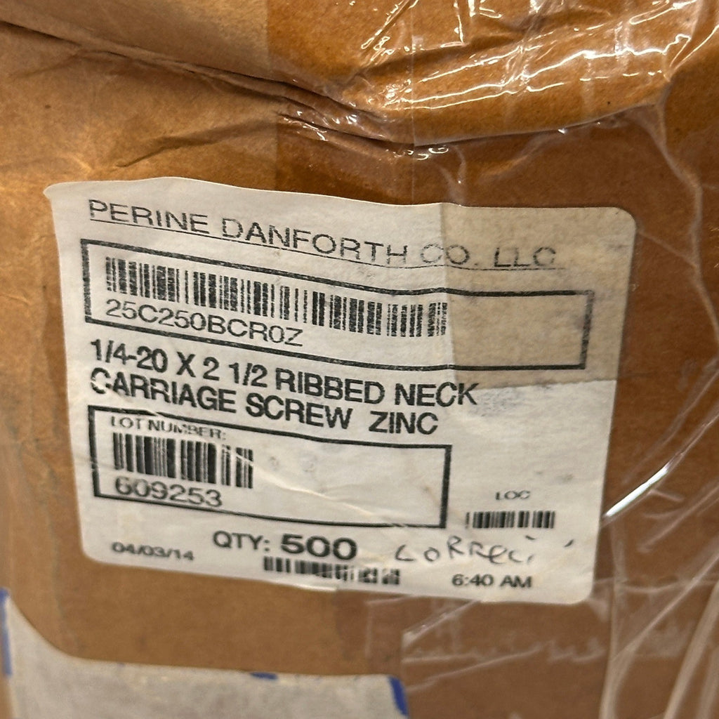 Pack of 500 Perine Danforth 1/4-20 x 2 1/2 Ribbed Neck Carriage Screws Zinc