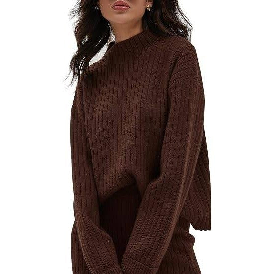 MSRP $52 CHYRII Womens L Coffee 2 Piece Outfit Oversized Sweater Top & Skirt S