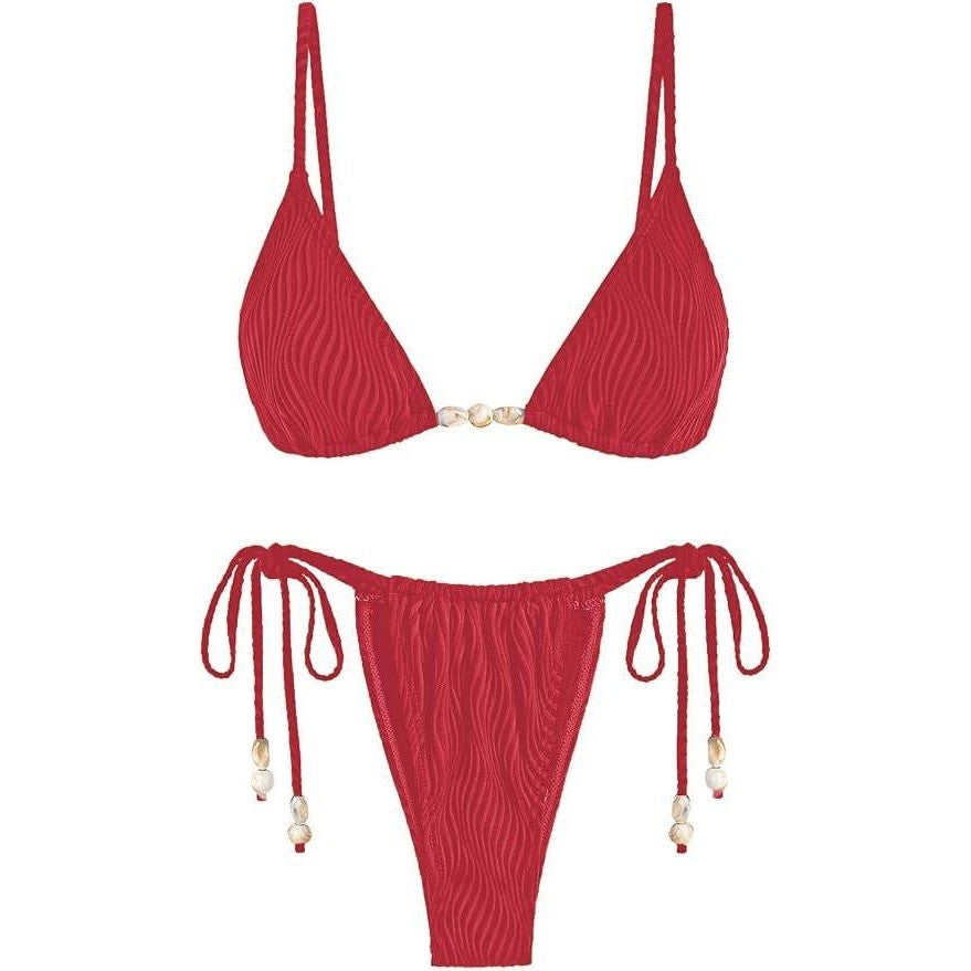 MSRP $46 seamoly Women's XS Red Bikini Set Ribbed Beaded Adjustable Spaghetti