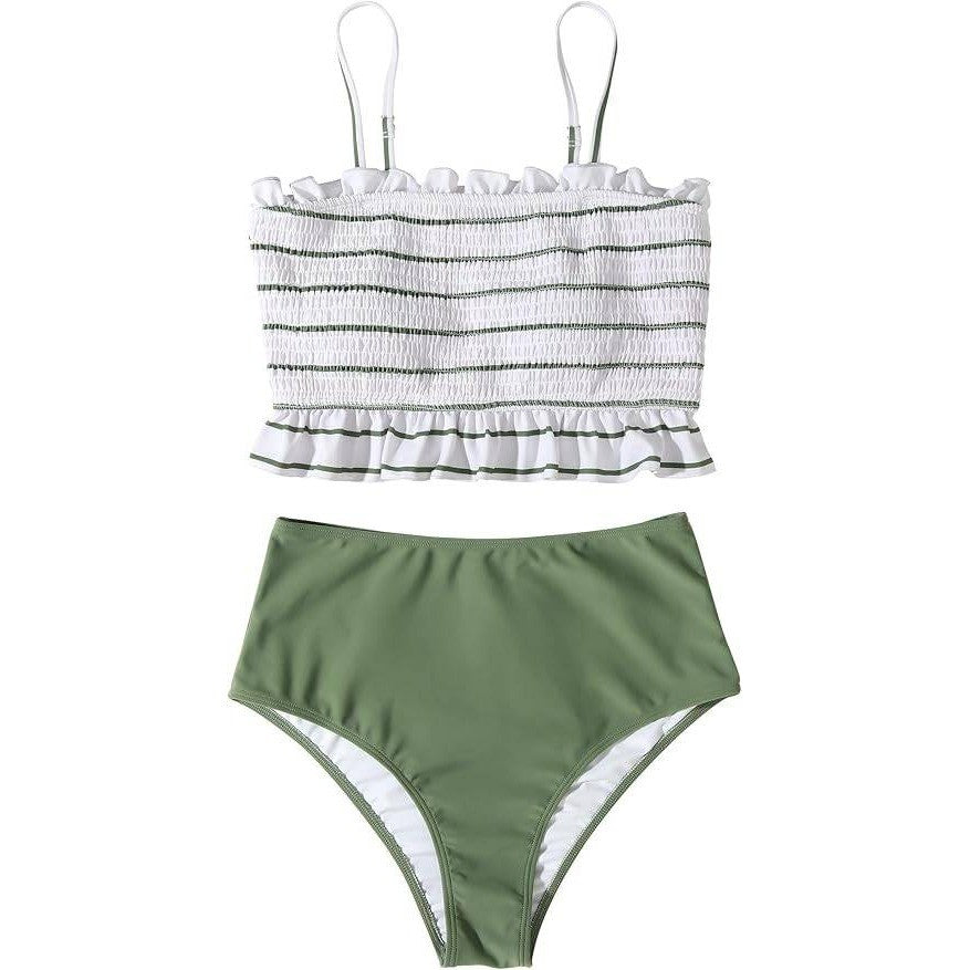 MSRP $44 RXRXCOCO Women's S Green Stripe Shirred Bandeau Bikini Cute Swimsuit