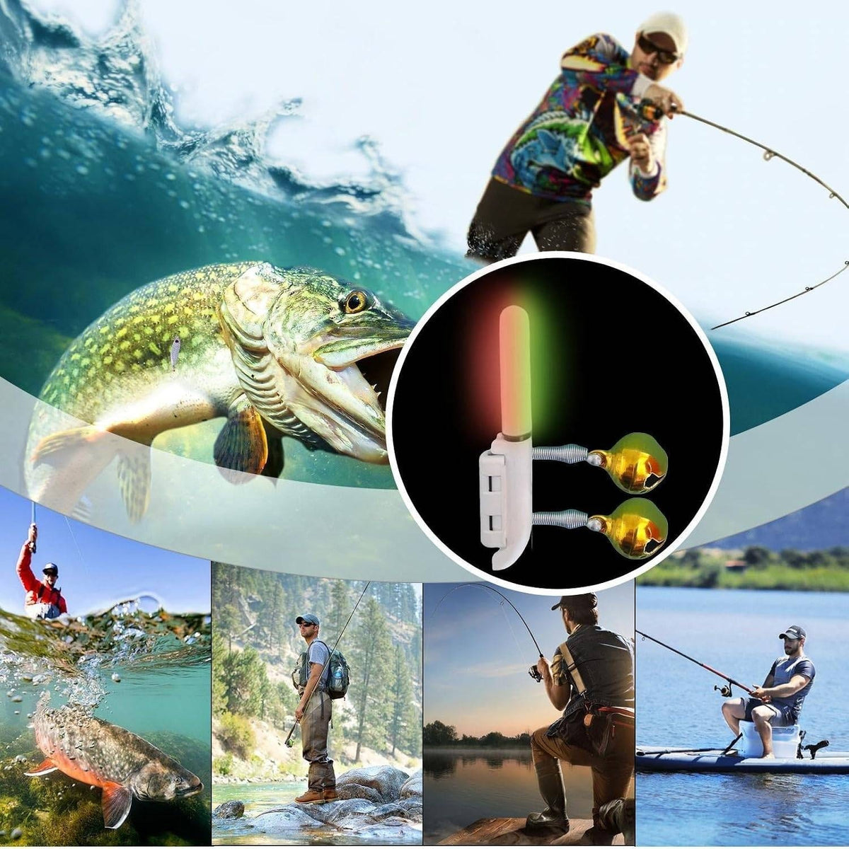 Set of 3 Fishing Rod Tip Lights LED Glow Sticks Bite Alarm Bells Red, Green