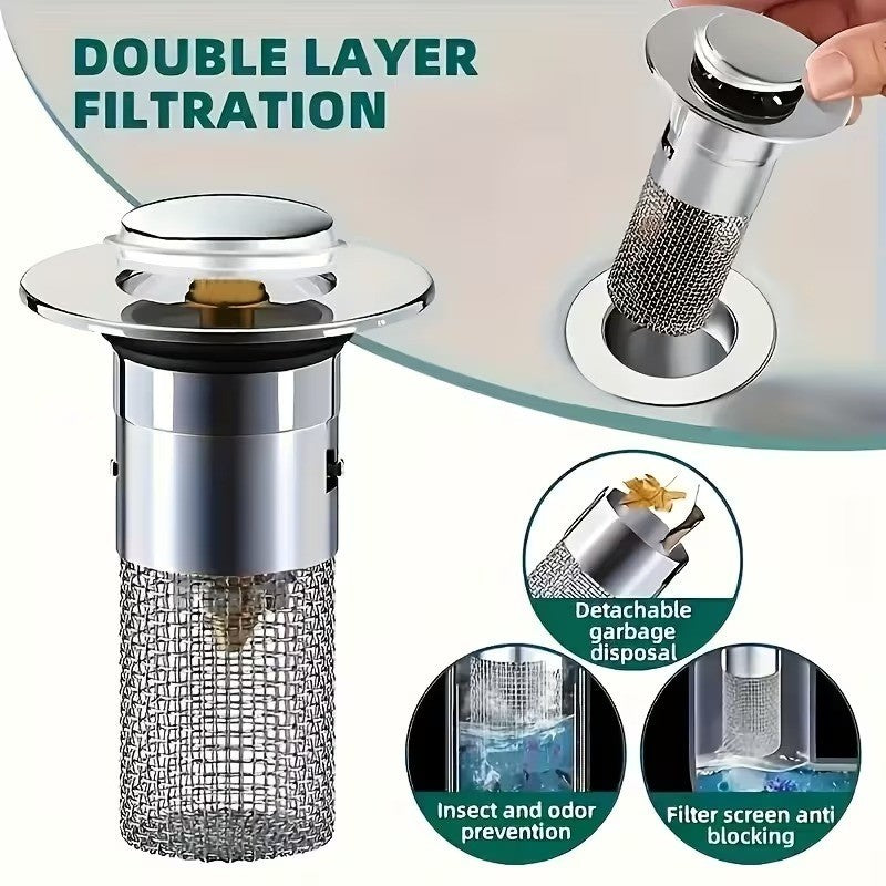 Set of 2 Sink Drain Filter, Stainless Steel Pop Up Stopper for Bathroom Kitchen