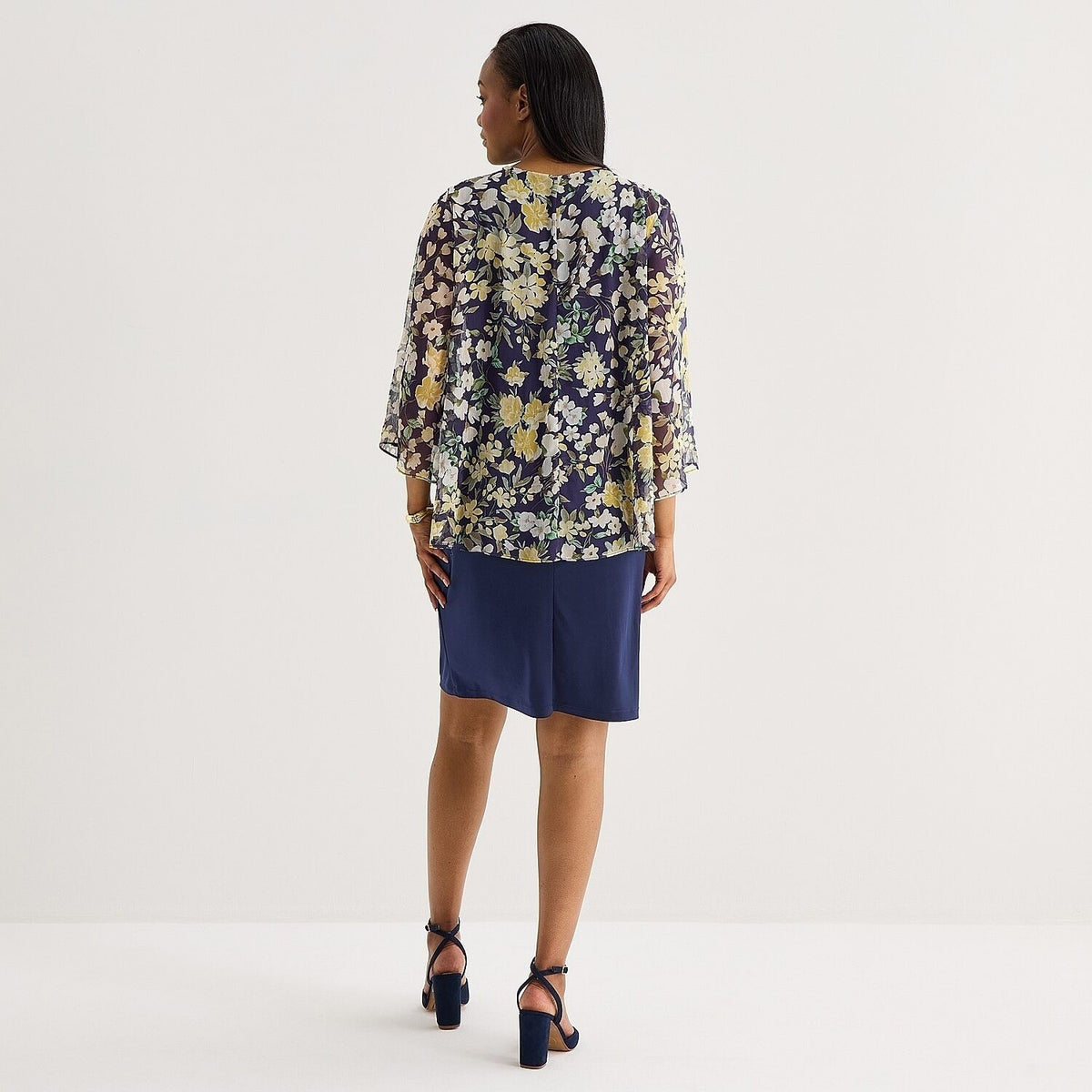 MSRP $84 Studio One Women's S Navy Yellow Floral Jacket Dress With Removable