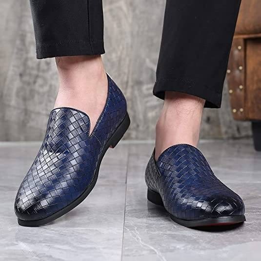 Santimon Men's US 6.5 Blue Woven Moccasin Leather Slip On Smoking Loafers Shoes