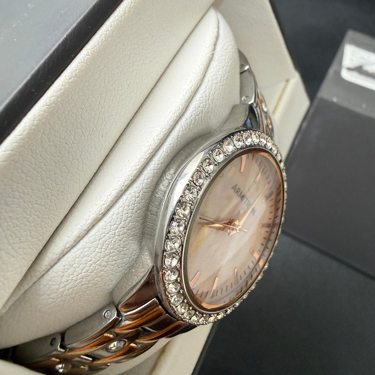 Armitron 75/5802TR Women's Silver/Rose Gold Crystal Bracelet Watch New Battery