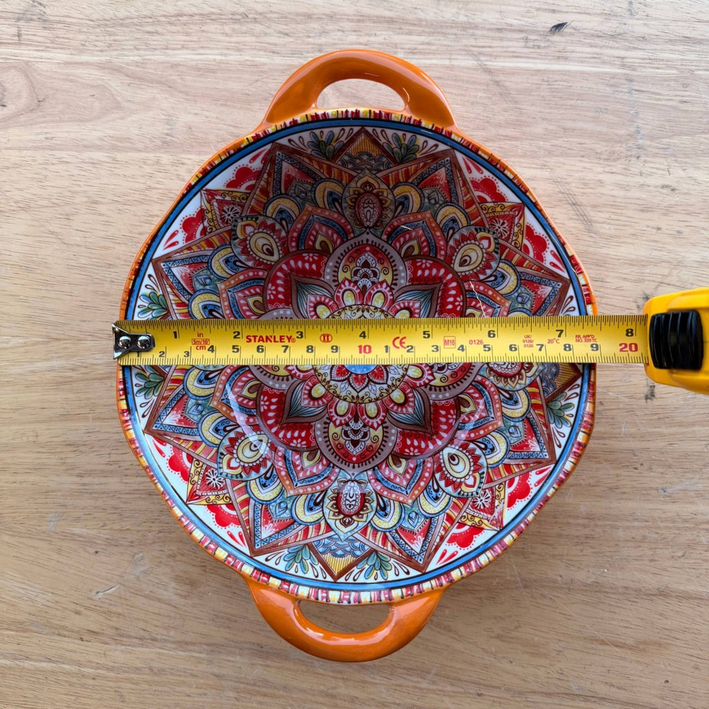 Boho Ceramic Orange Serving Bowl with Handles, Large Porcelain Salad Bowl