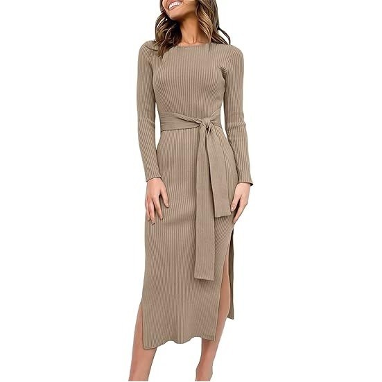 MSRP $59 ANRABESS Womens M Almond Long Sleeve Sweater Dress Crew Neck Slim
