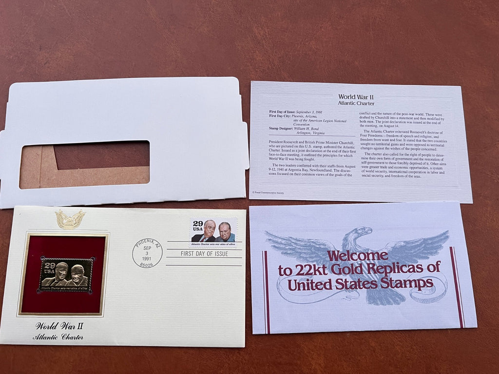 WWII Churchill Roosevelt Atlantic Charter 1st Day USPS 22KT Gold Stamp Set
