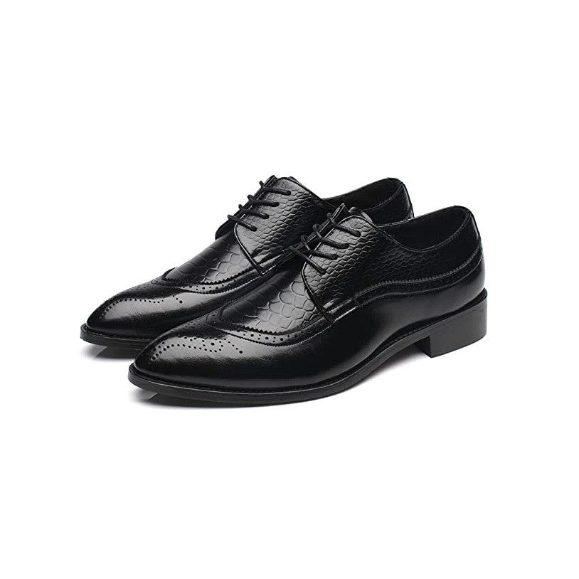 Santimon Men's US 9.5 Black Derby Crocodile Pattern Pointed Toe Brogue Shoes