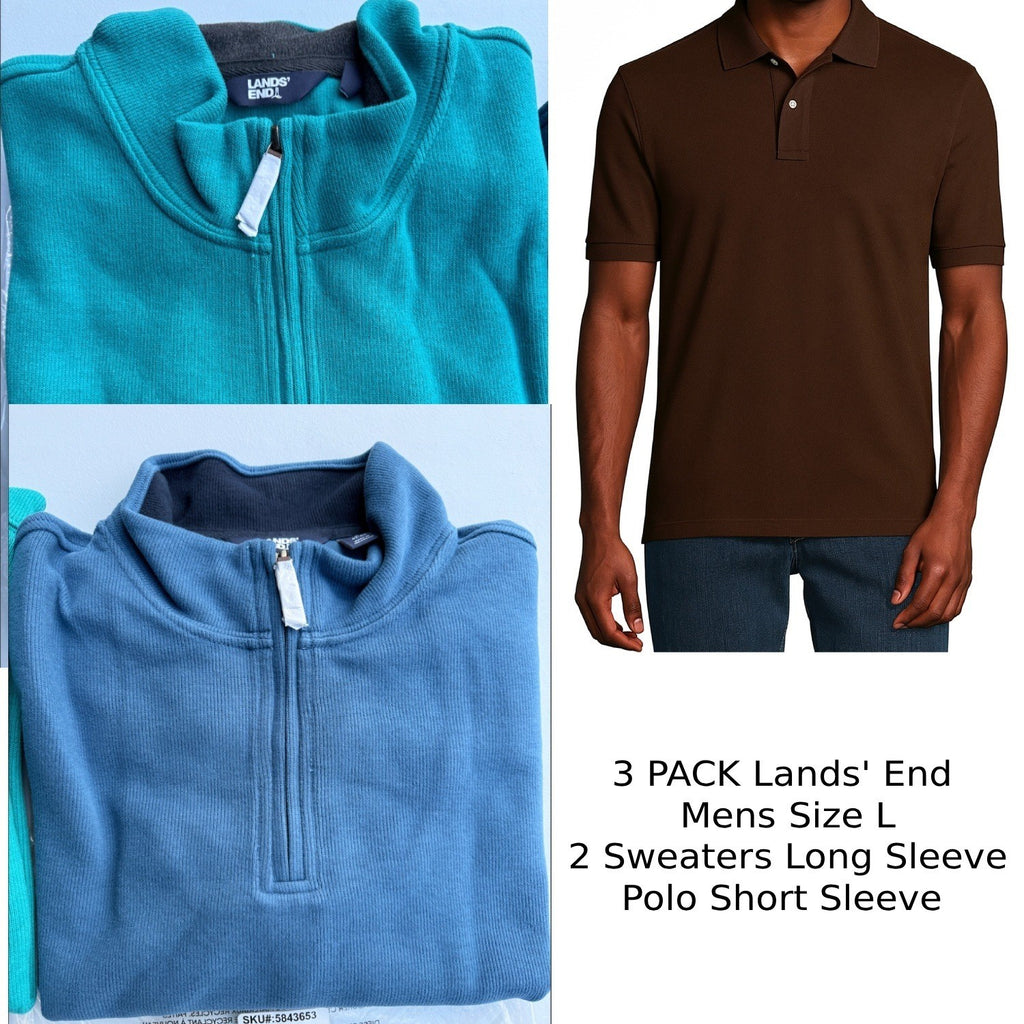 3 Pack Lands' End Mens L - Evening & Spade Blue Sweaters LS & Rich Coffee Polo