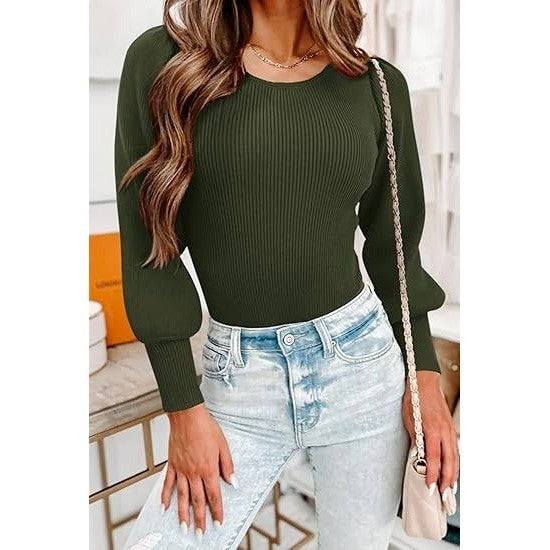 MSRP $43 MASCOMODA Women's S Army Green Long Puff Sleeve Bodysuit Crewneck