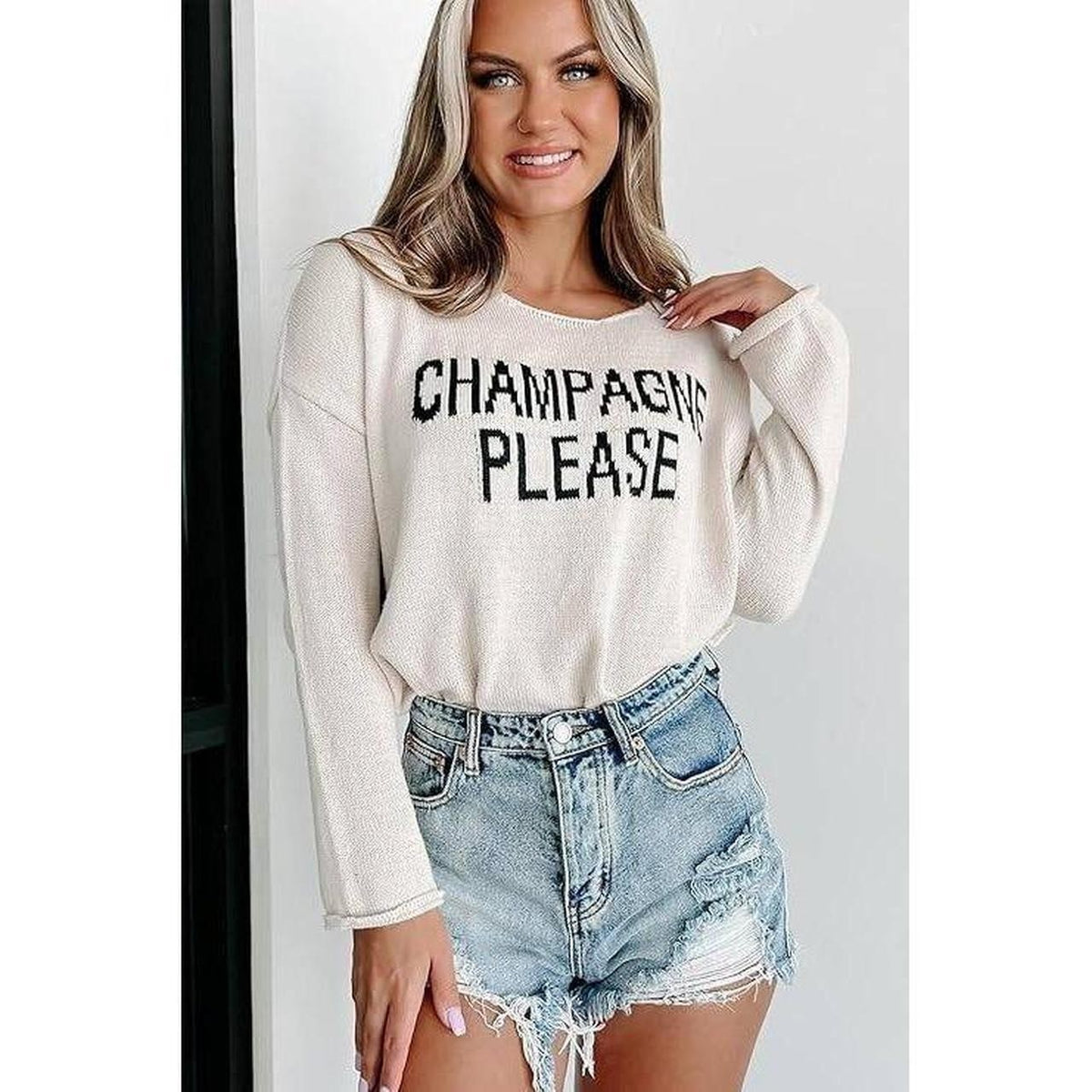 Women's L White Champagne Please Graphic Sweater Casual Slogan Round Neck