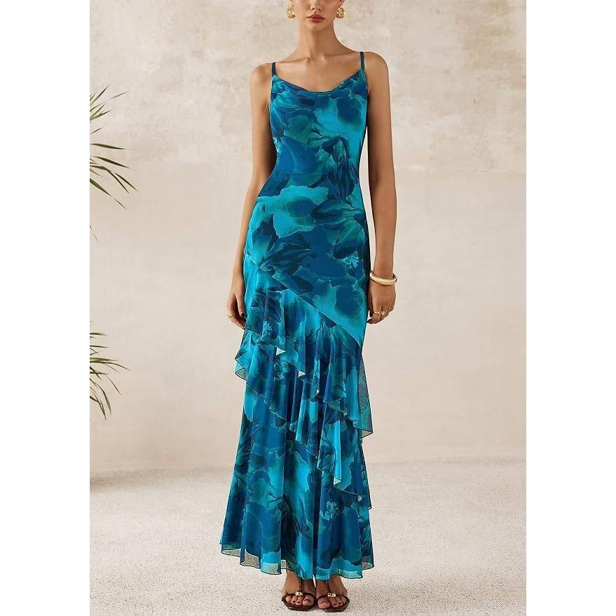 MSRP $61 PRETTYGARDEN Women's XS Boho Floral Tiered Maxi Dress Spaghetti Strap