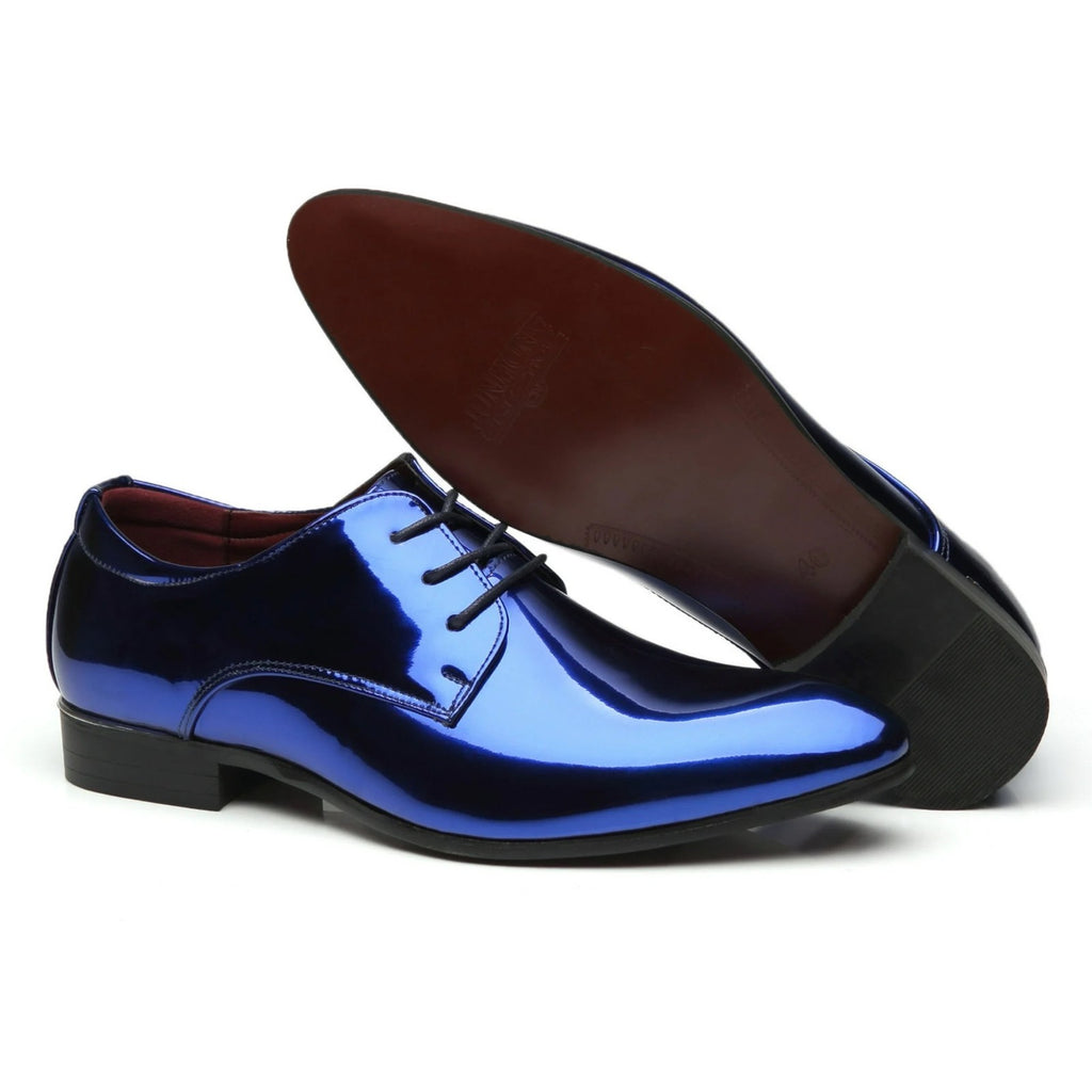 Santimon Men's US 7 - 11 Blue Patent Leather Shiny Derby Pointed Toe Shoes