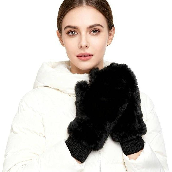 Yawolfe Women's Winter Faux Fur Flip Cover Mittens Warm Half Finger Gloves Con