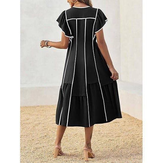 MSRP $48 Wenrine Women's S Black Summer V Neck Midi Dress Casual Ruffle Sleeve