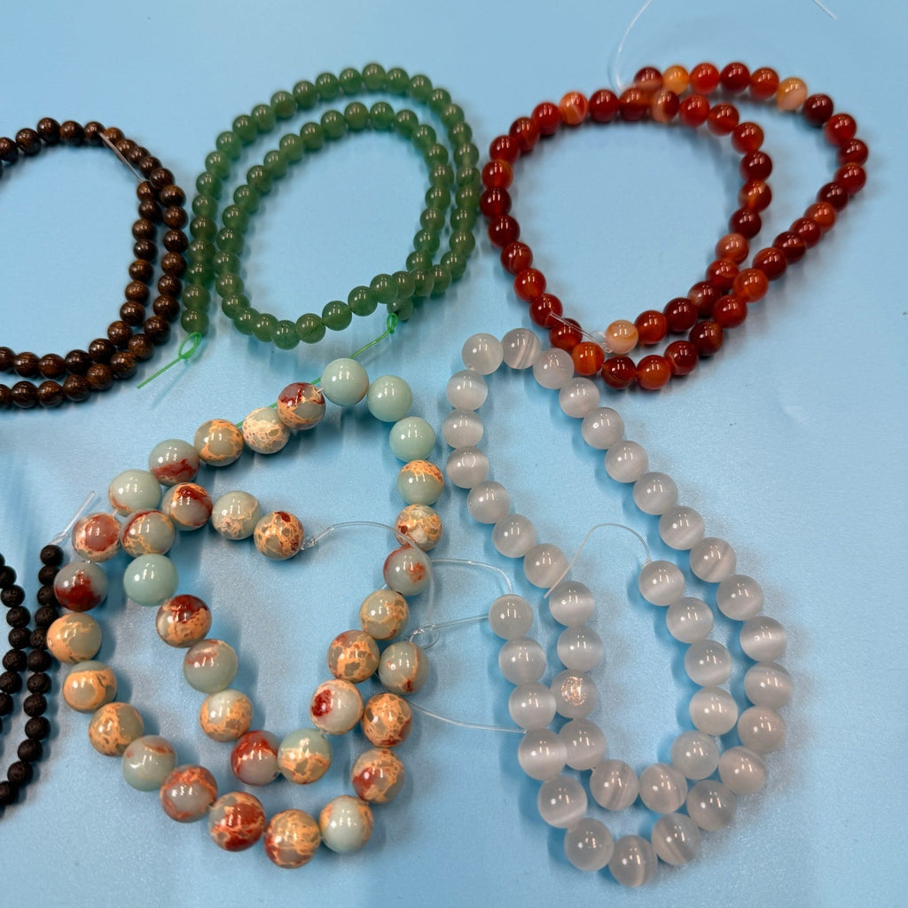 Set of 10 Natural Gemstone Round Beads Strands 15" Sizes 6,8,10 mm 11oz №B29