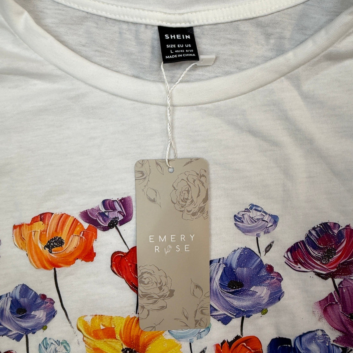 NWT Shein Emery Rose Women's L Casual Floral Print White Short Sleeve T-Shirt W
