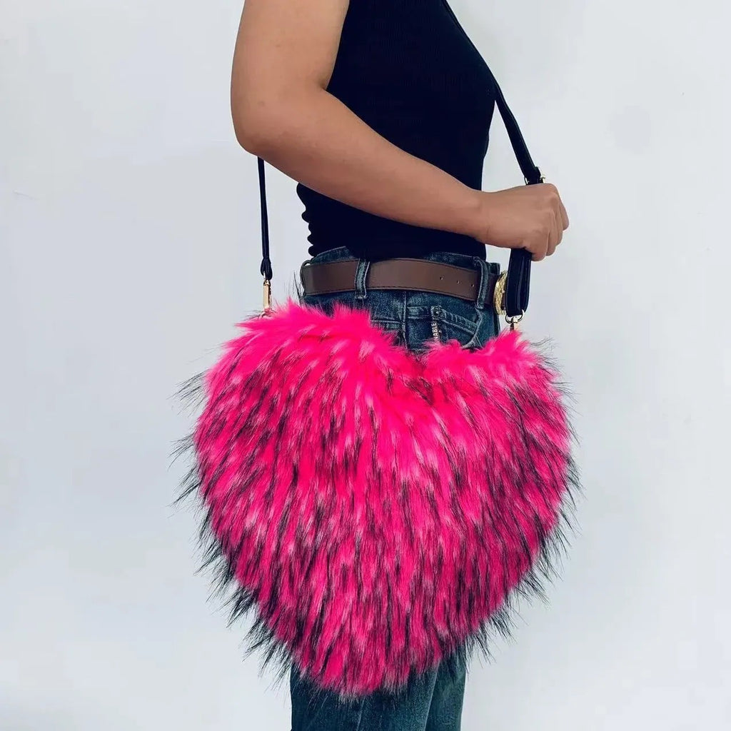 Womens Rose Pink Plush Heart Shaped Crossbody Fur Fluffy Shoulder Bag Purse