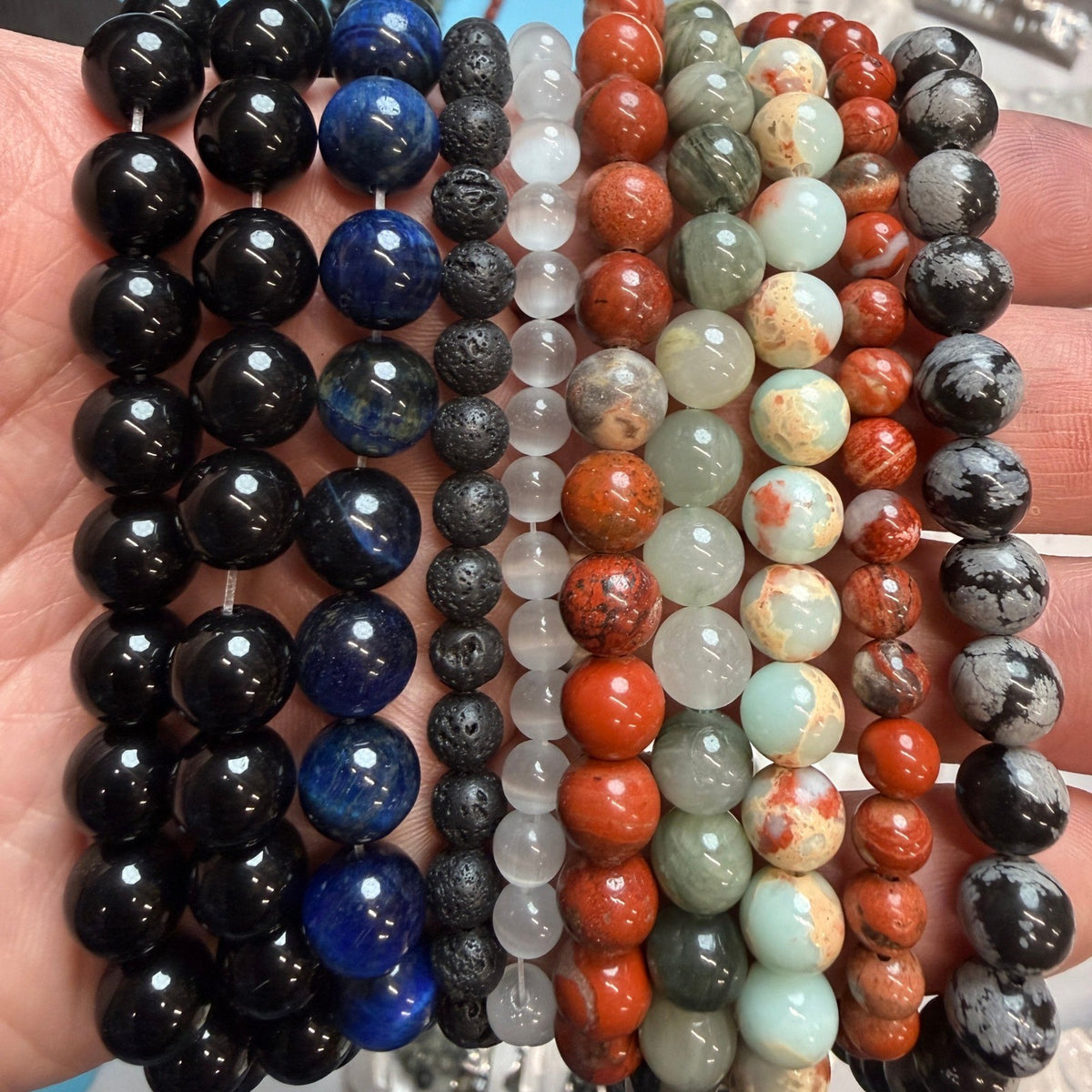 Set of 10 Natural Gemstone Round Beads Strands 15" Sizes 6,8,10 mm 14oz №B18