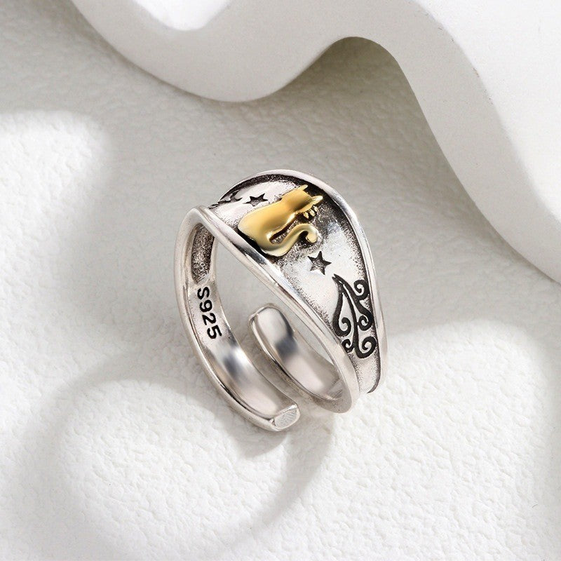 Cat Open Ring 925 Sterling Silver Women's Animal Jewelry Size 7 Adjustable 6-8