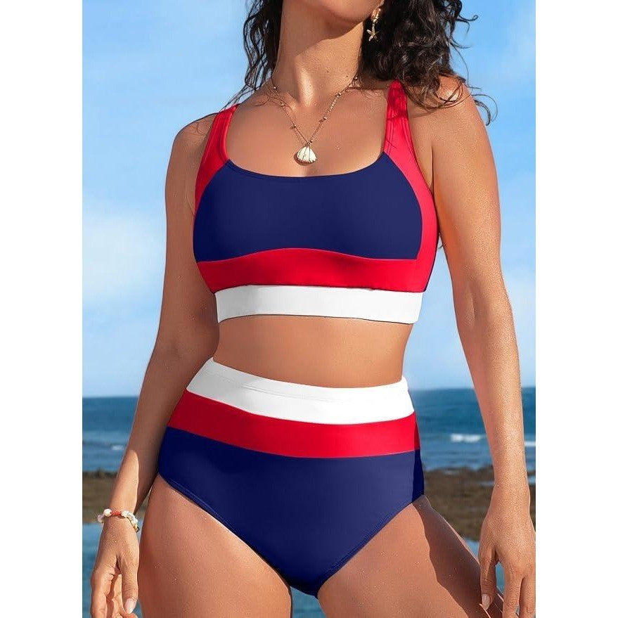 MSRP $33 Herseas Women's 2XL High Waisted 2 Piece Sporty Color Block Bikini