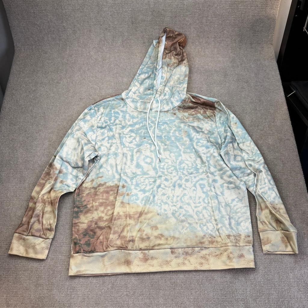 Unisex Distressed XXL Blue Brown Tie-Dye Pullover Hoodie Sweatshirt Lightweight