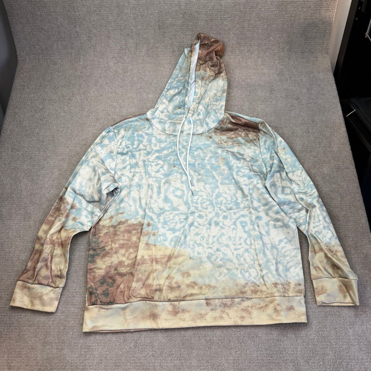 Unisex Distressed XXL Blue Brown Tie-Dye Pullover Hoodie Sweatshirt Lightweight