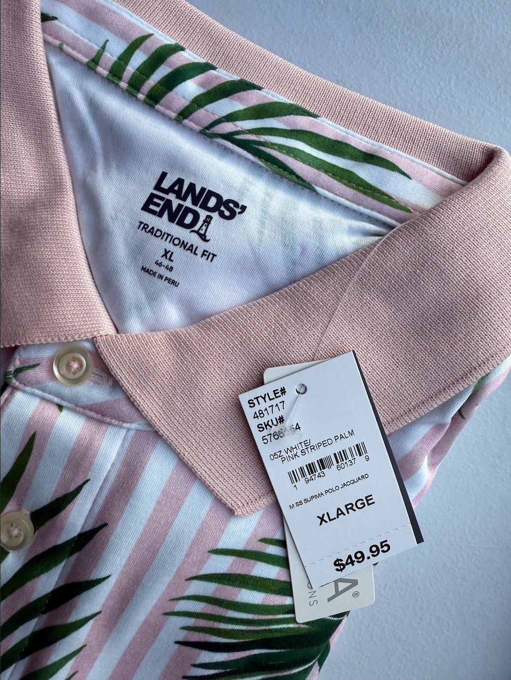 Lands End Mens Jacquard Polo Shirt M-XL Soft Supima Short Sleeve White/Pink Stri