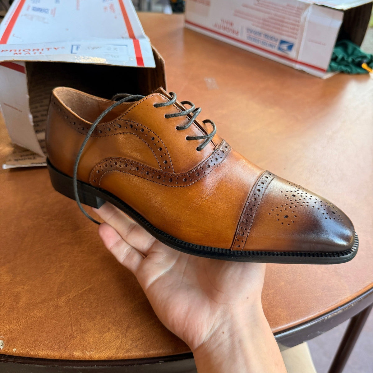 Santimon Men's US 6.5 Tan Brogue Pointed Toe Oxford Lace Up Dress Shoes
