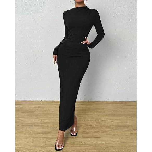 MSRP $64 BTFBM Women's S Black Bodycon Maxi Dress Long Sleeve Back Slit Ruched