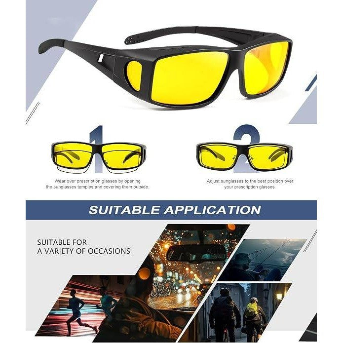 MSRP $23 KALIYADI 3 Pair Night Vision Glasses Fit Over Wrap Around Glasses Anti