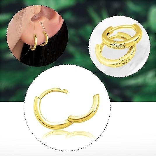 Set of 2 925 Silver 6mm Gold Color Huggie Hoop Earrings Cartilage Piercing Jewel