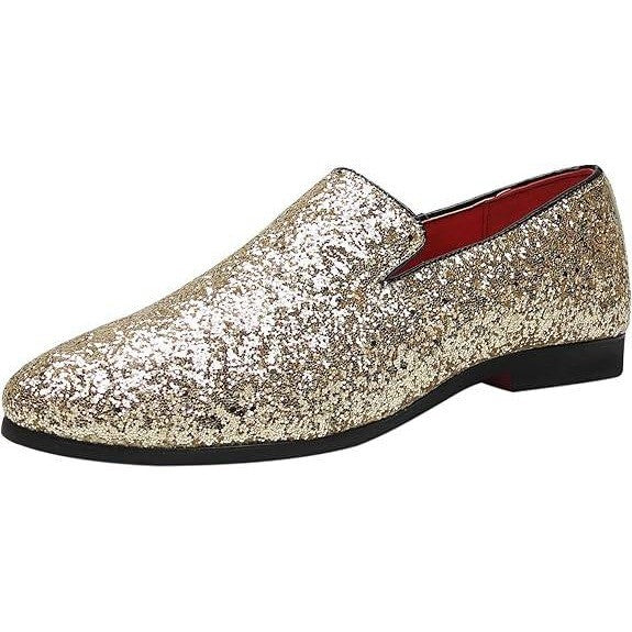 Santimon Men's US 12 Gold Glitter Slip-On Loafers Sequin Dress Shoes