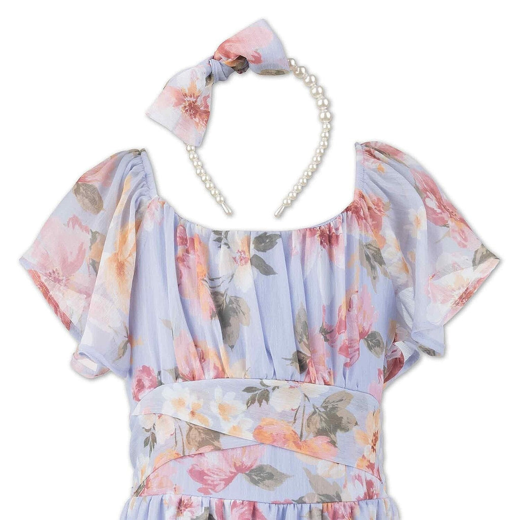 MSRP $64 Speechless Kids Girls 18 1/2 Slate Floral Maxi Dress w/ Headband