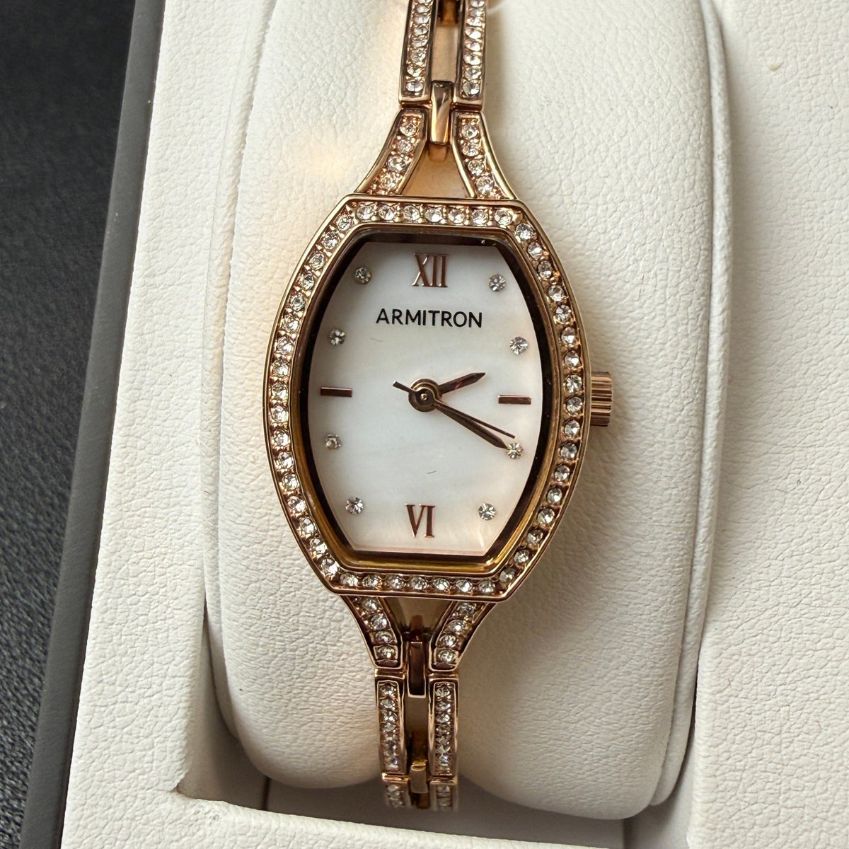 MSRP $75 Armitron Womens 75/5902RG Rose Gold Crystal Accented Watch New Battery