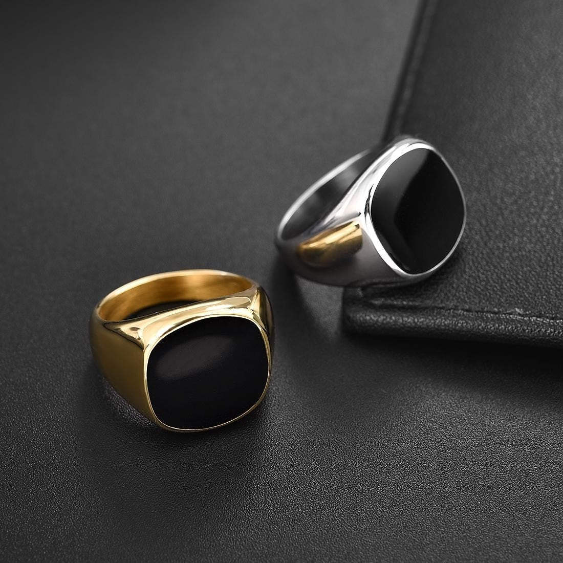 Square Black Signet Pinky Ring Mens Gold, Silver Tone Stainless Steel Size 8-13
