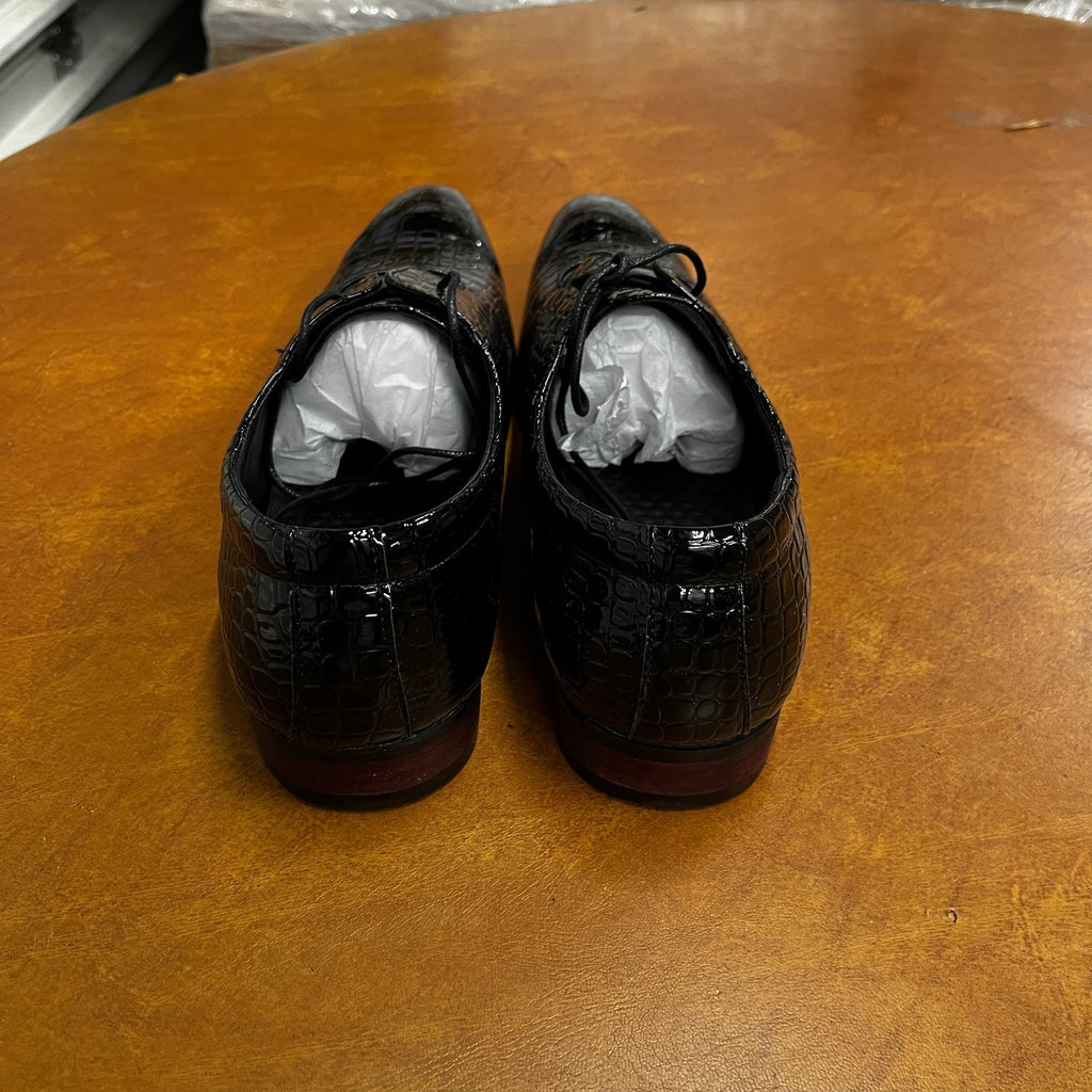 Santimon Men's US 8 - 12.5 Black Oxfords Alligator Patent Leather Dress Shoes