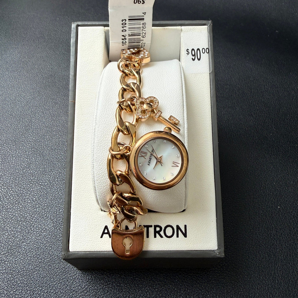 MSRP $90 Armitron 75/5620RG Rose Gold Key & Lock Charm Ladies Watch New Battery
