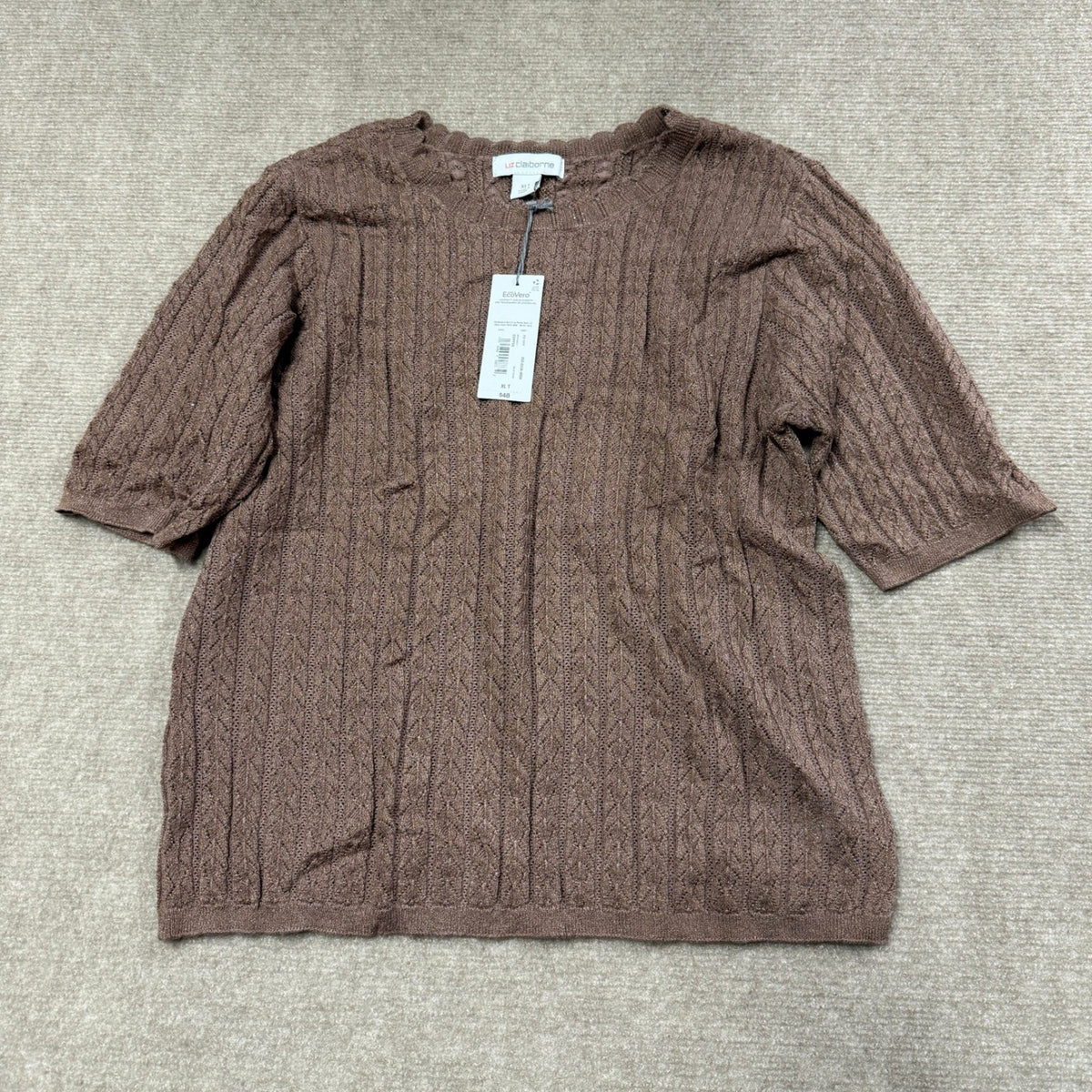 MSRP $48 Liz Claiborne Womens XL Tall Coffee Pullover Sweater Short Sleeve Scall