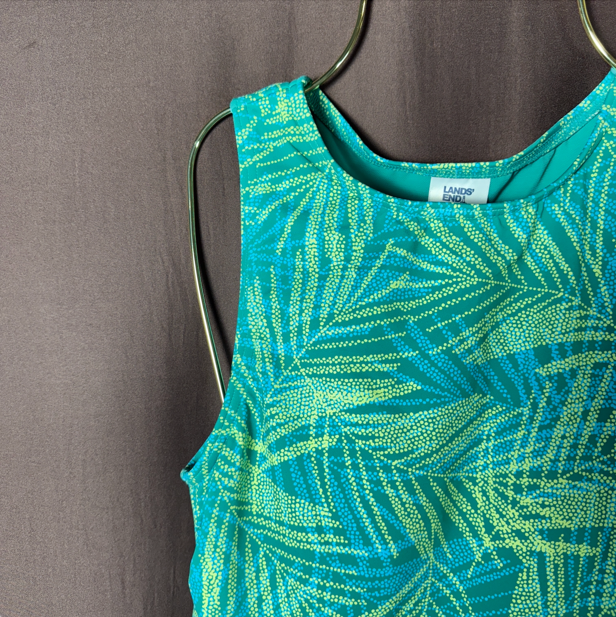 Lands' End Women's 4, 4 LONG High Neck Modest Tankini Green Swimsuit Top UPF 50