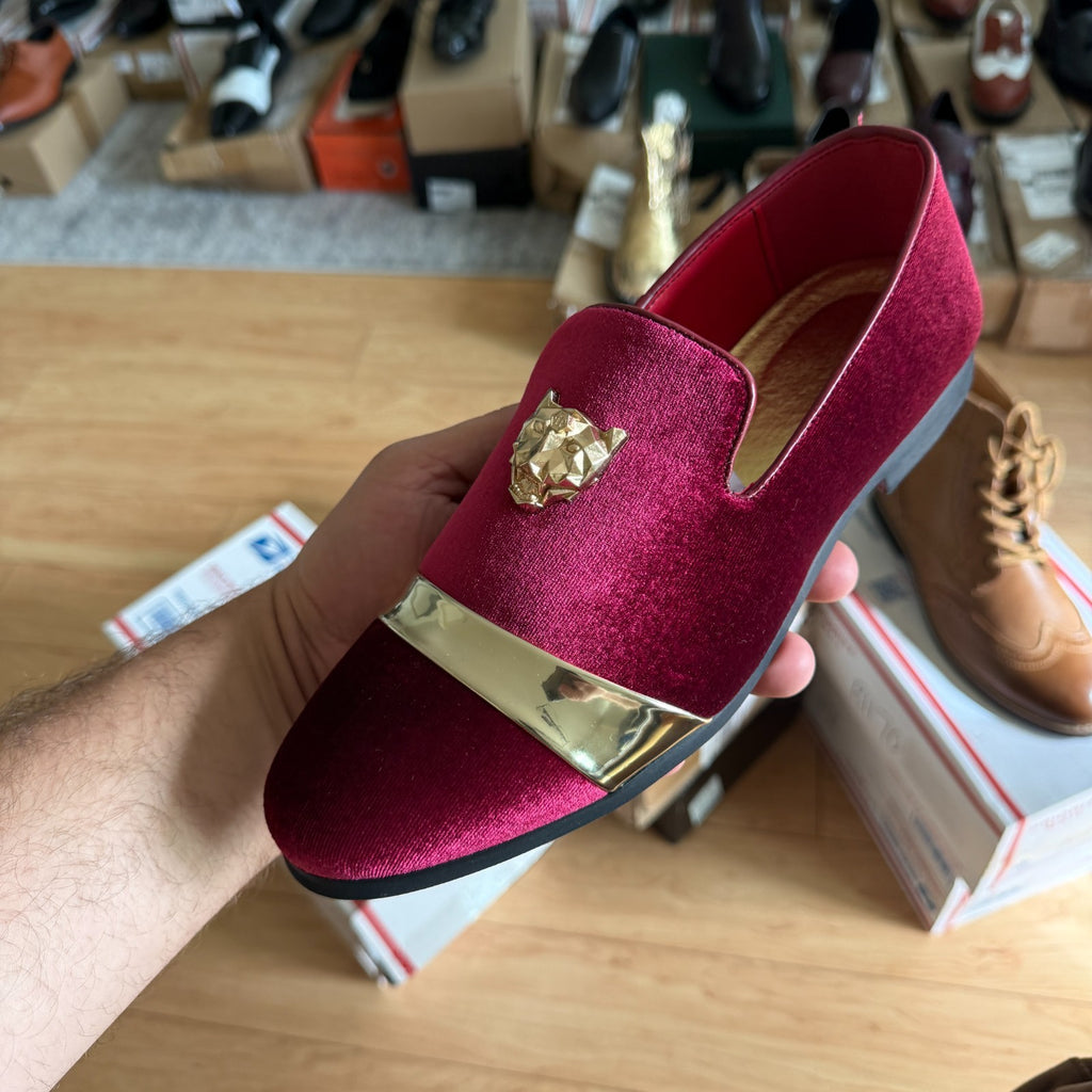 Santimon Mens Red US 6.5, 8 Velvet Loafers Golden Animal Buckle Slip-On Formal D