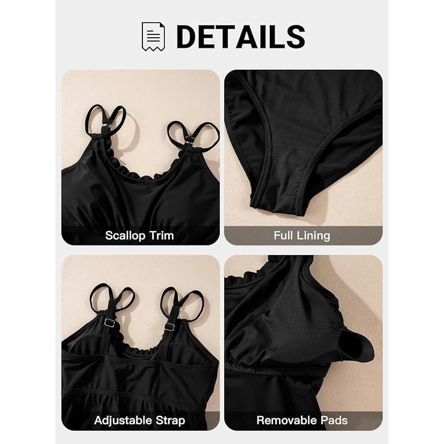 MSRP $42 Aleumdr Women's 2XL Black Tankini Bathing Suit Scallop 2 Piece Tummy
